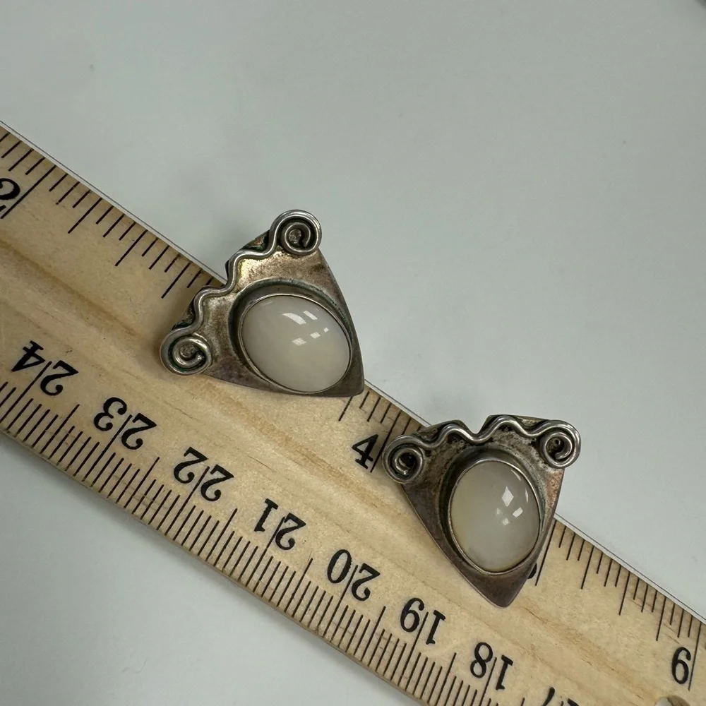 Designer Barbara Sucherman 925 Sterling silver post earrings with opalite 6.1g